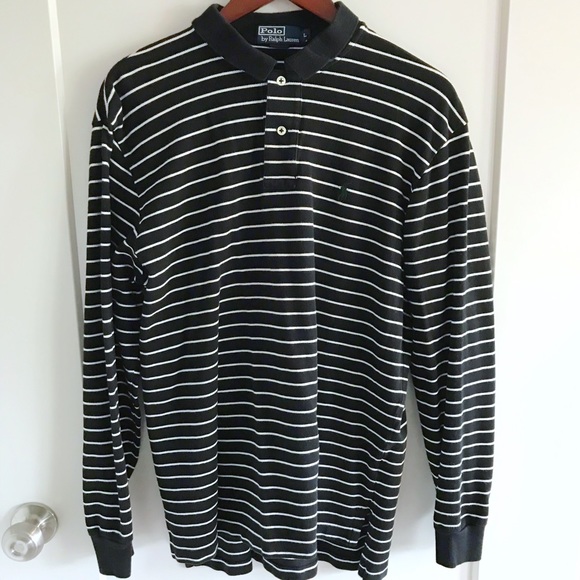 black and white striped long sleeve polo